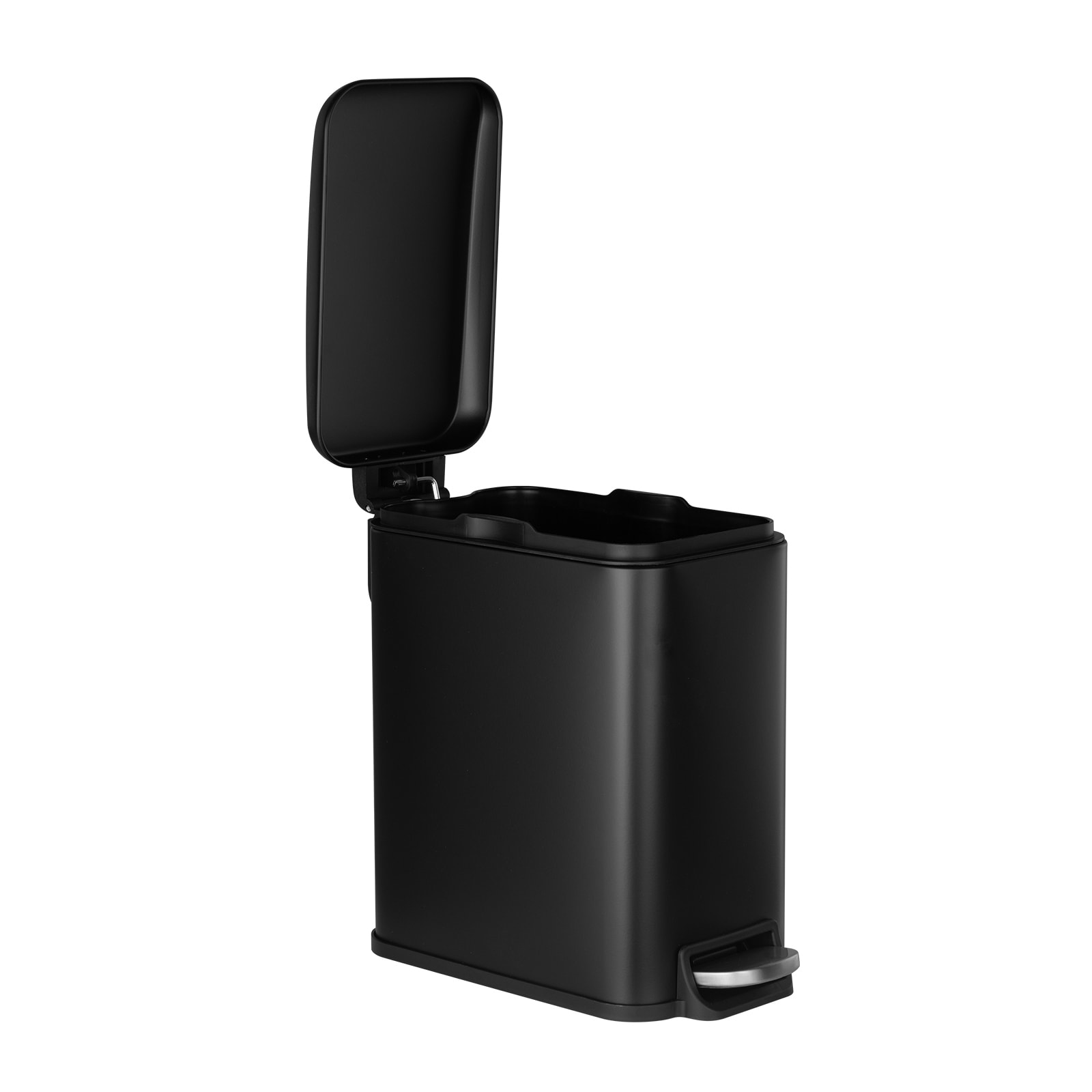 Slim Bathroom Trash Can With Step Pedal And Soft Close Lid Black_voghion.com